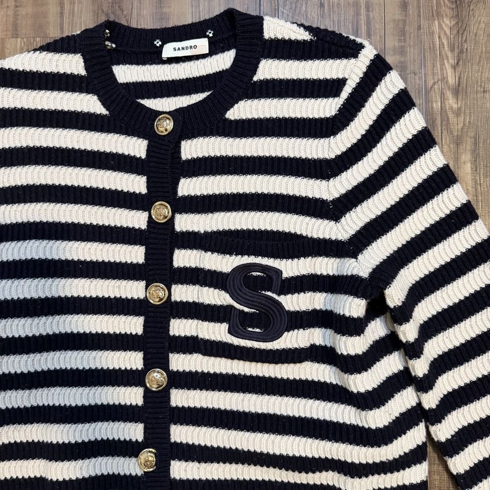 Sandro Paris Striped Breton Cardigan Sweater Jacket Black Ivory SZ 3/M Classic - Picture 6 of 14